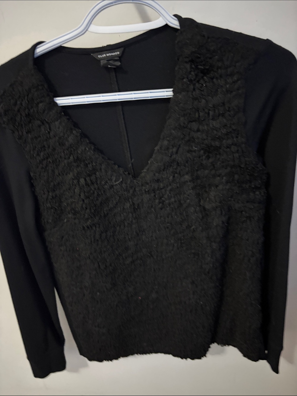 Club Monaco Black V-Neck Mixed-Knit Long Sleeve Top